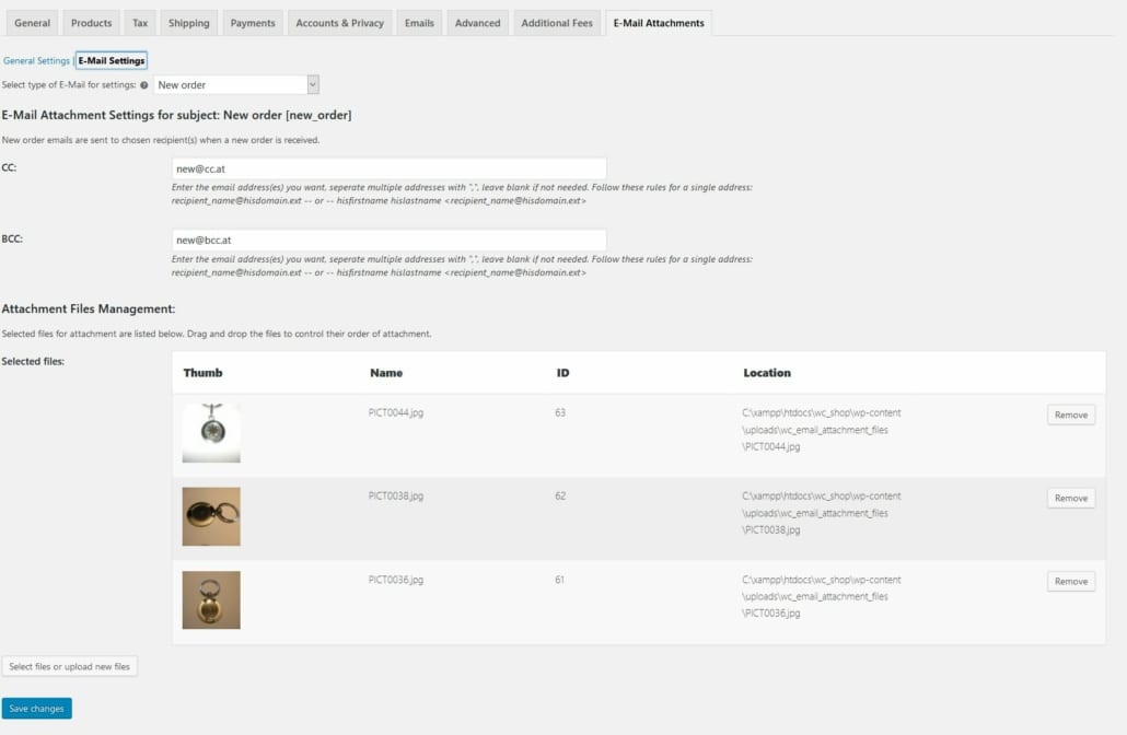 Woocommerce E-Mail Attachments Extension - Screenshot of the e-mail attachments admin/settings page (E-Mail settings)